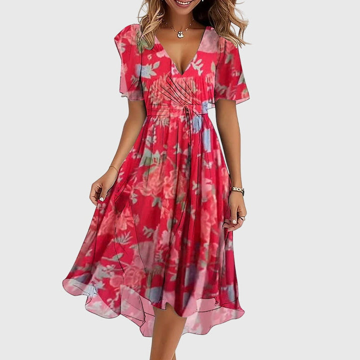 Women's Wrap-Style Midi Dress - Breezy Flutter Sleeve