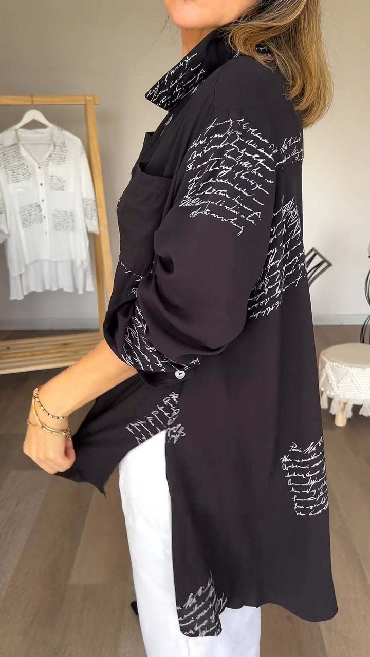 Women's Handwritten Print Button-Up Shirt - Artistic Everyday Style