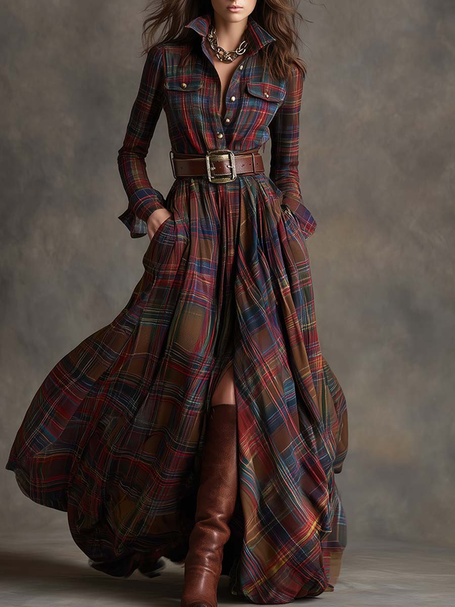 Women's Plaid Maxi Shirt Dress - Effortlessly Elegant & Timeless