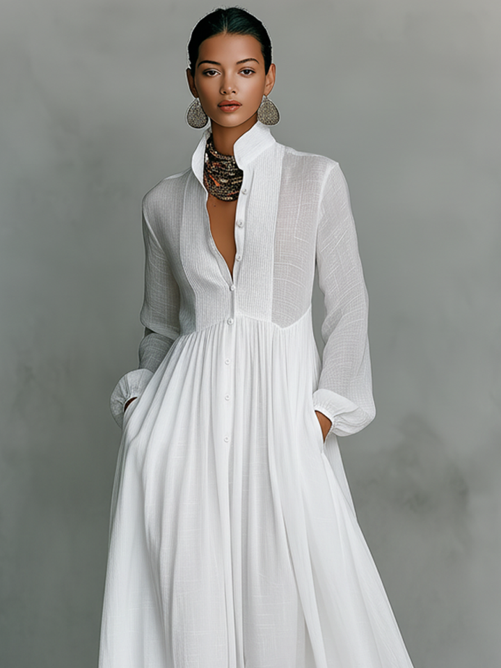 Women's Cotton Linen Maxi Dress - Elegant Patchwork Design