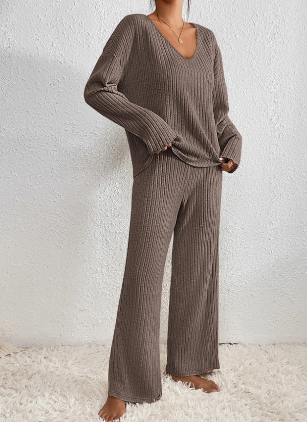 Women's Knit V-Neck Two-Piece Set - Effortless Comfort & Style