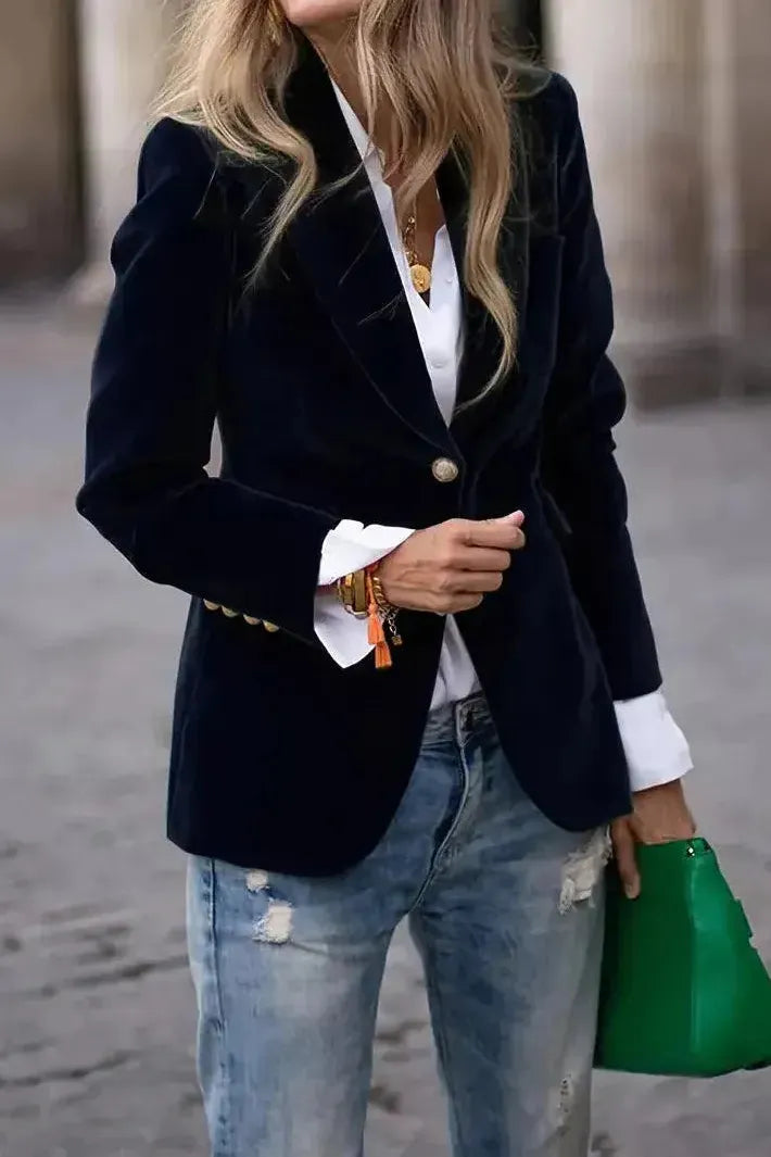 Women's Tailored Blazer with Gold Buttons - Effortless Elegance
