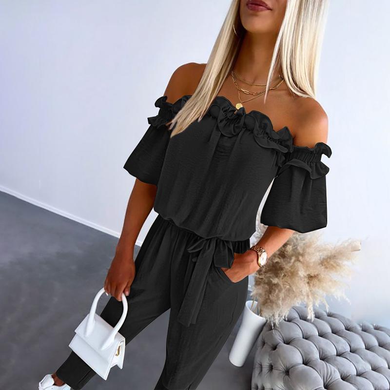 Women's Romantic Ruffle Off-Shoulder Jumpsuit - Effortless Elegance