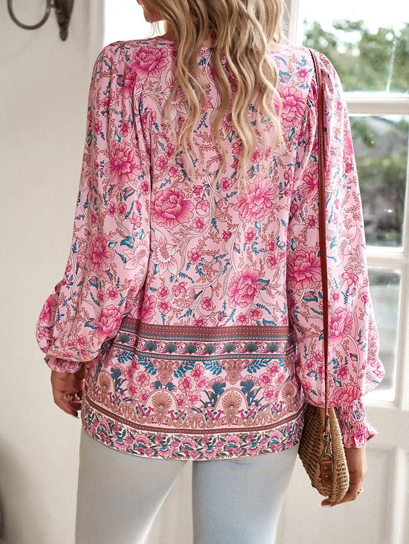 Women's Floral Ruffled Cuff Blouse - Effortless Day to Night