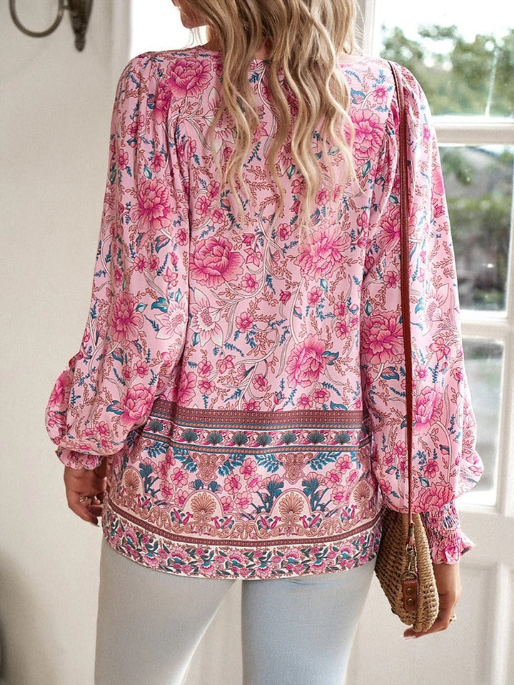 Women's Floral Ruffled Cuff Blouse - Effortless Day to Night