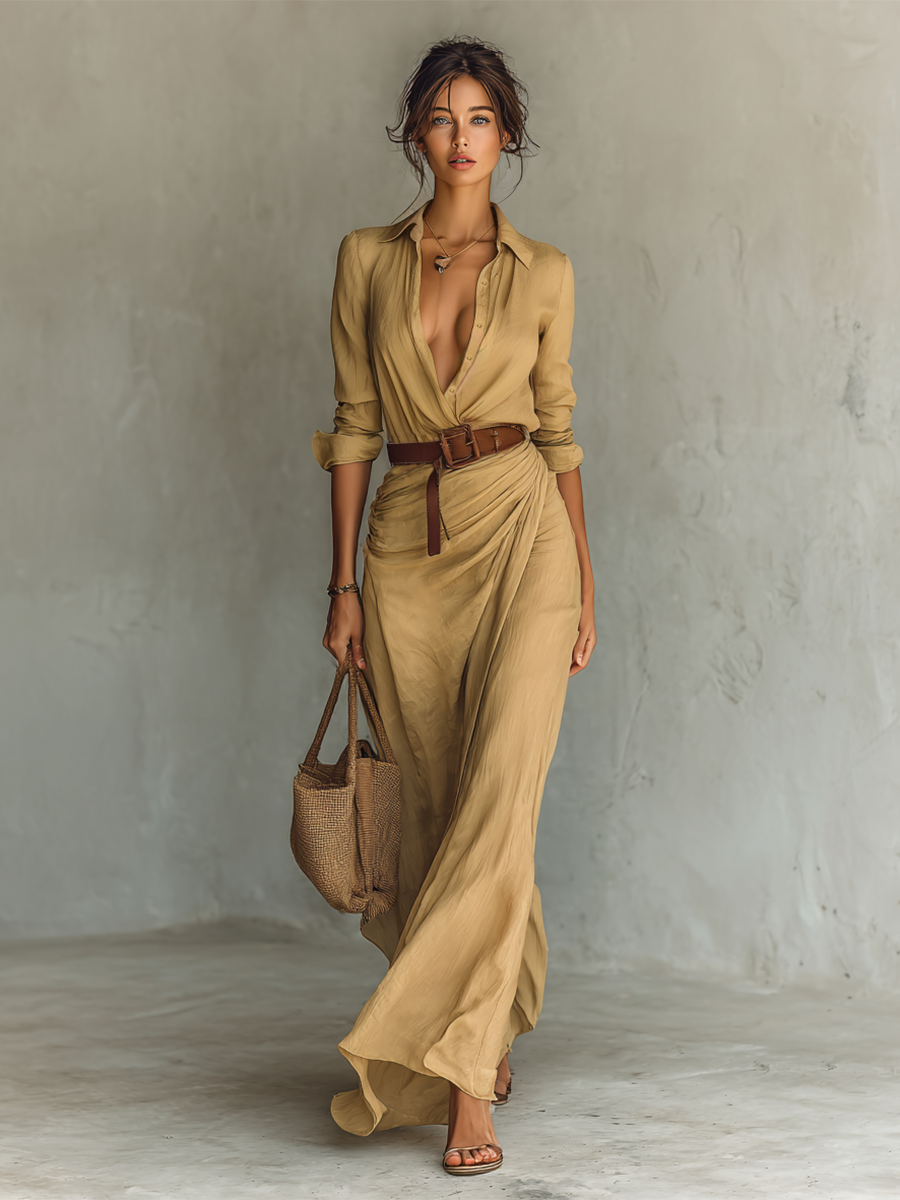 Women's Elegant Belted Maxi Shirt Dress - Effortless Evening Style