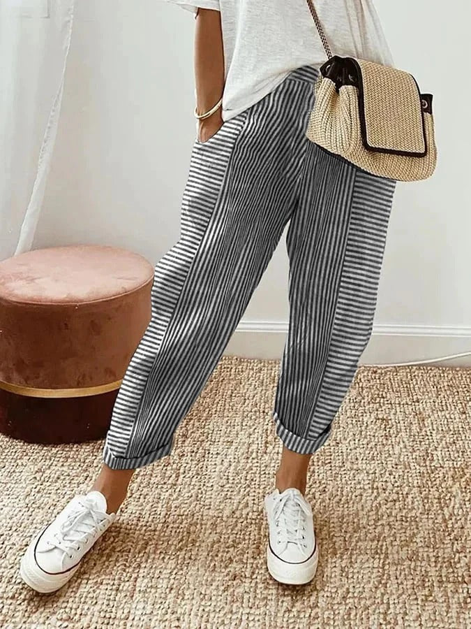 Women's Classic Striped Cotton Trousers - Everyday Elegance