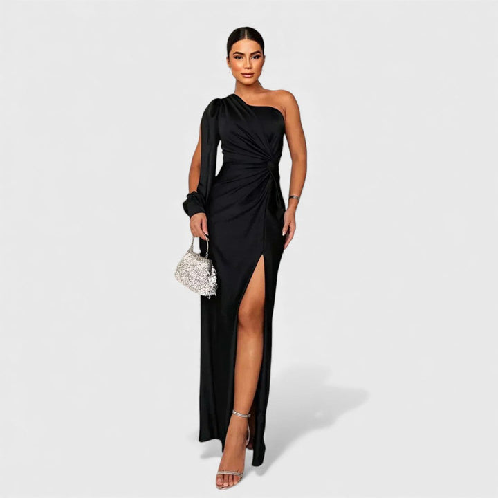 Women's Satin Asymmetric One-Shoulder Maxi Dress - Evening Elegance