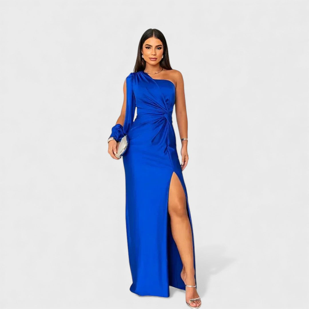 Women's Satin Asymmetric One-Shoulder Maxi Dress - Evening Elegance
