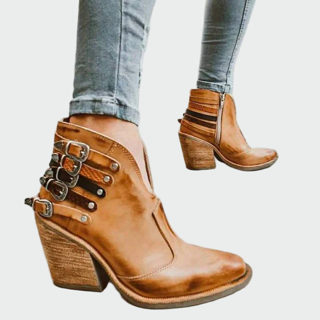 Women's Retro Leather Ankle Boots - Edgy Croco and Wood Heel