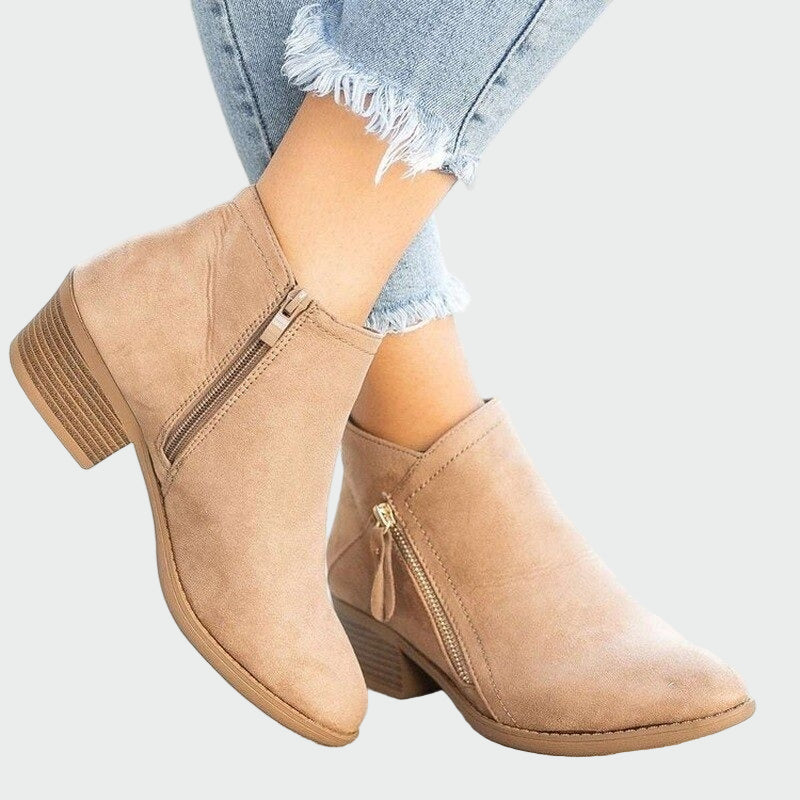 Women's Camel Leather Ankle Boots - Minimal Square Heel
