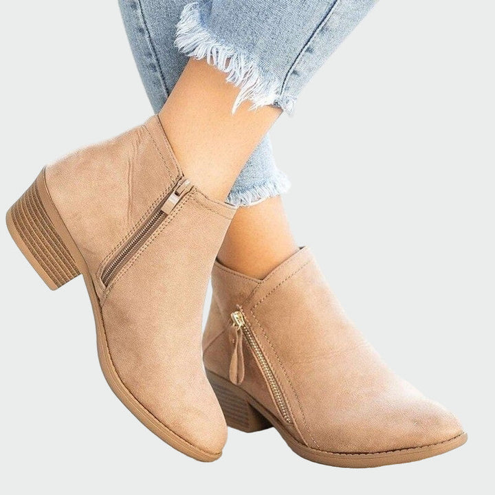 Women's Camel Leather Ankle Boots - Minimal Square Heel