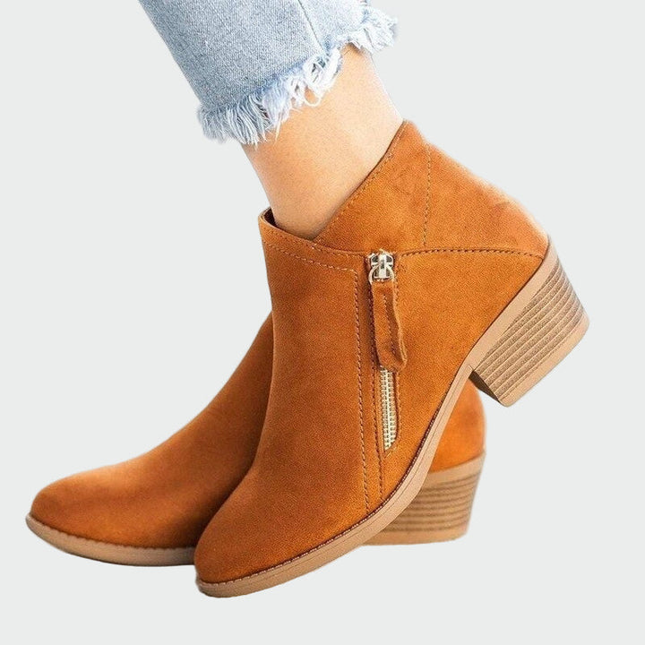 Women's Camel Leather Ankle Boots - Minimal Square Heel
