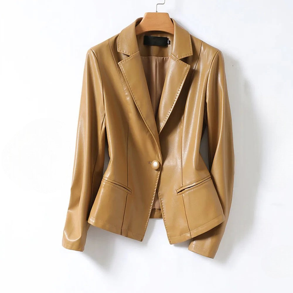 Women's Lambskin Leather Blazer – Tailored Single-Button Cut