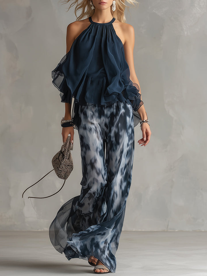 Women's Navy Halter Top & Printed Chiffon Pants Set - Evening Elegance
