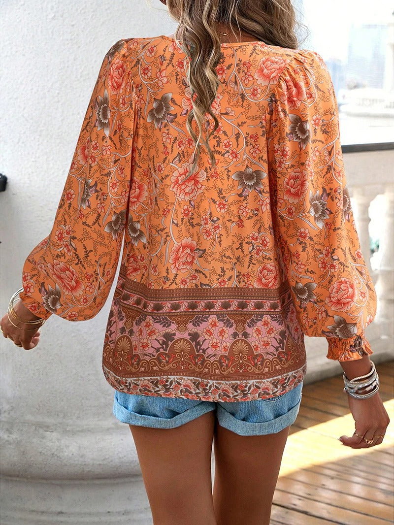 Women's Floral Ruffled Cuff Blouse - Effortless Day to Night