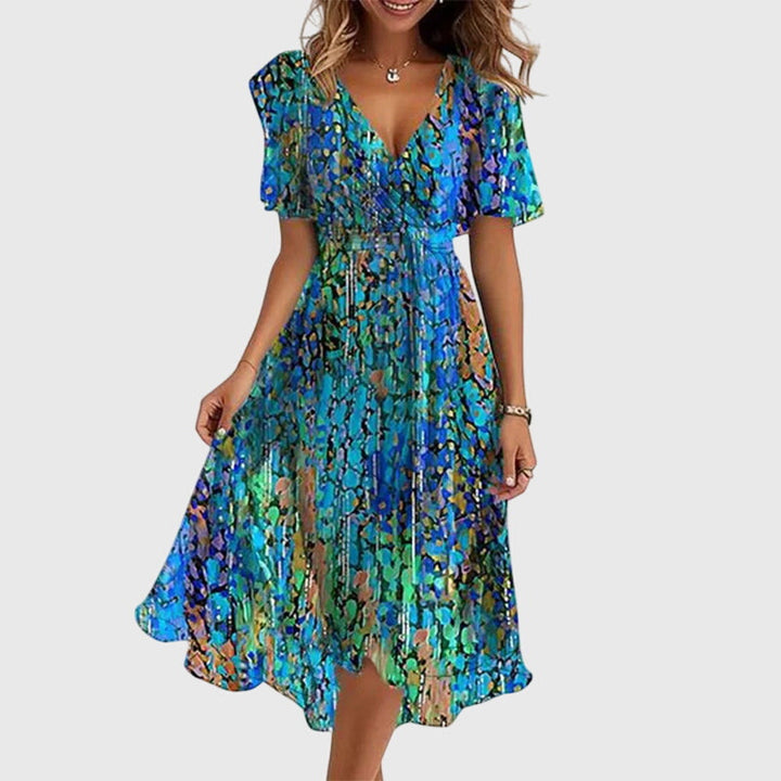 Women's Wrap-Style Midi Dress - Breezy Flutter Sleeve