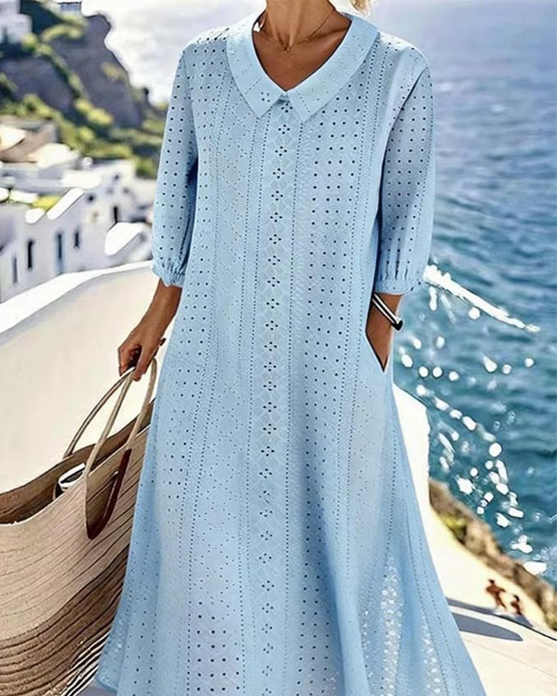 Women's Eyelet Midi Dress - Effortless Coastal Elegance