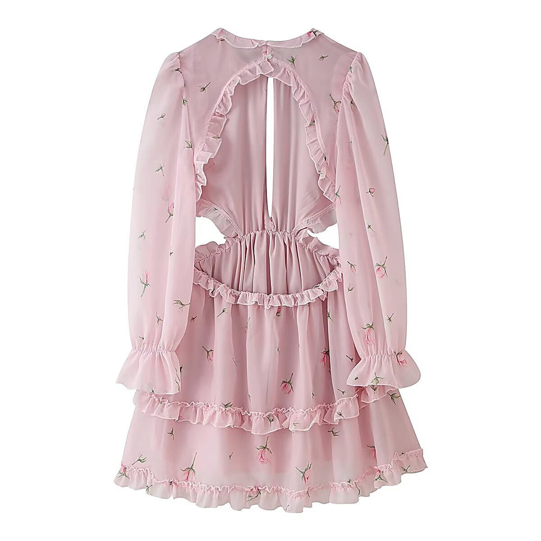 Elegant Long-Sleeve Printed Backless Mini Dress