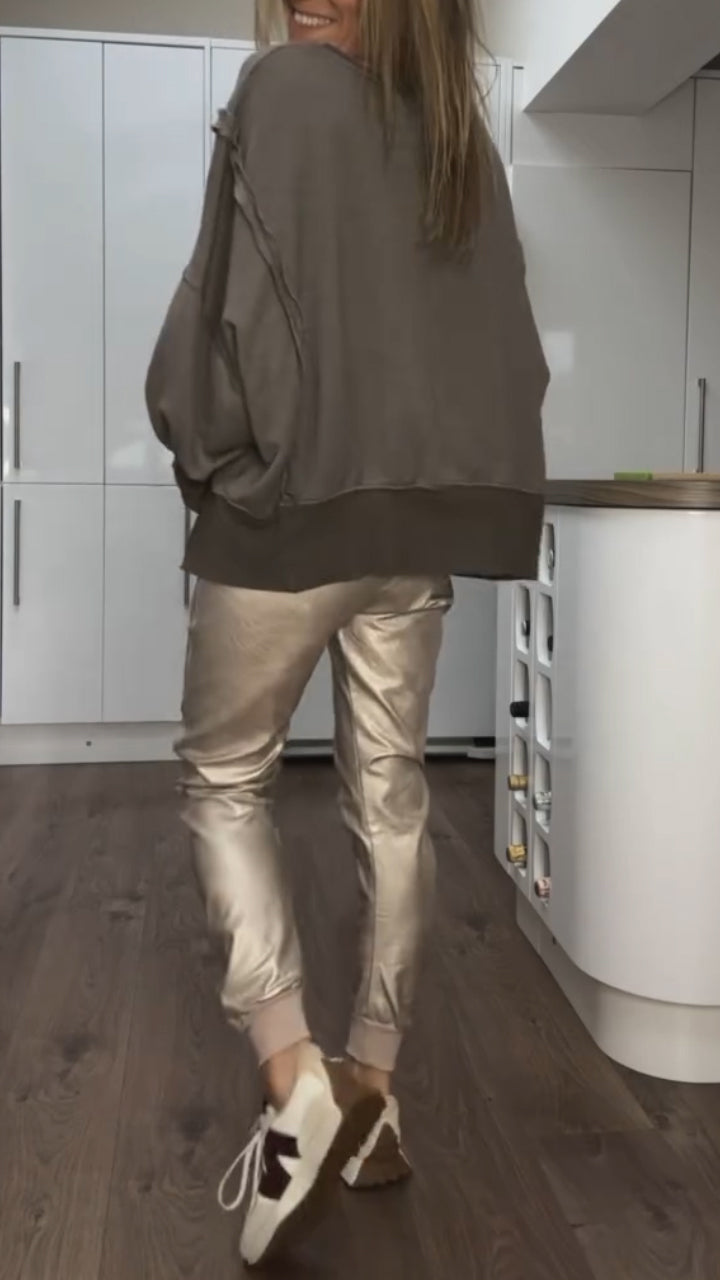 Women's Casual Round Neck Top & Faux Leather Pants Set