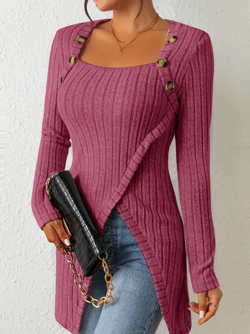 Women's Katherine Modern Ribbed Long Sweater with Button Detail