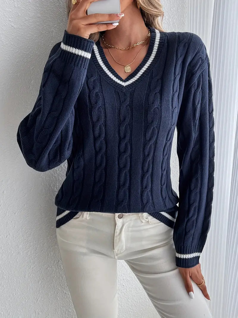 Women's Emily Cable-Knit V-Neck Sweater - Cozy Everyday