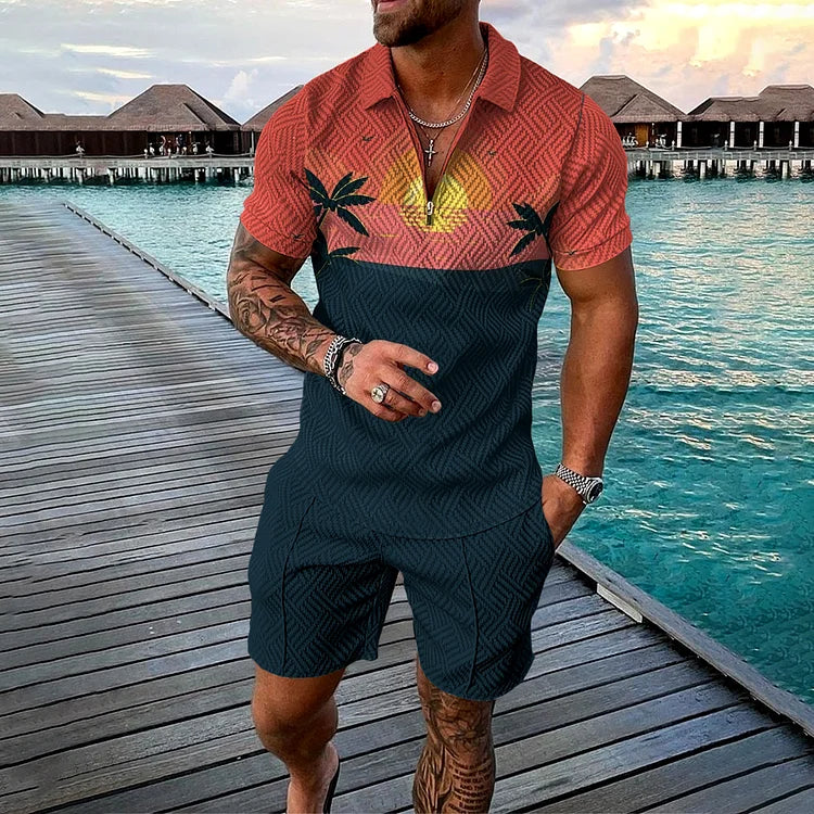 Men's Smiley Print Polo and Shorts Set - Summer Vacation Style