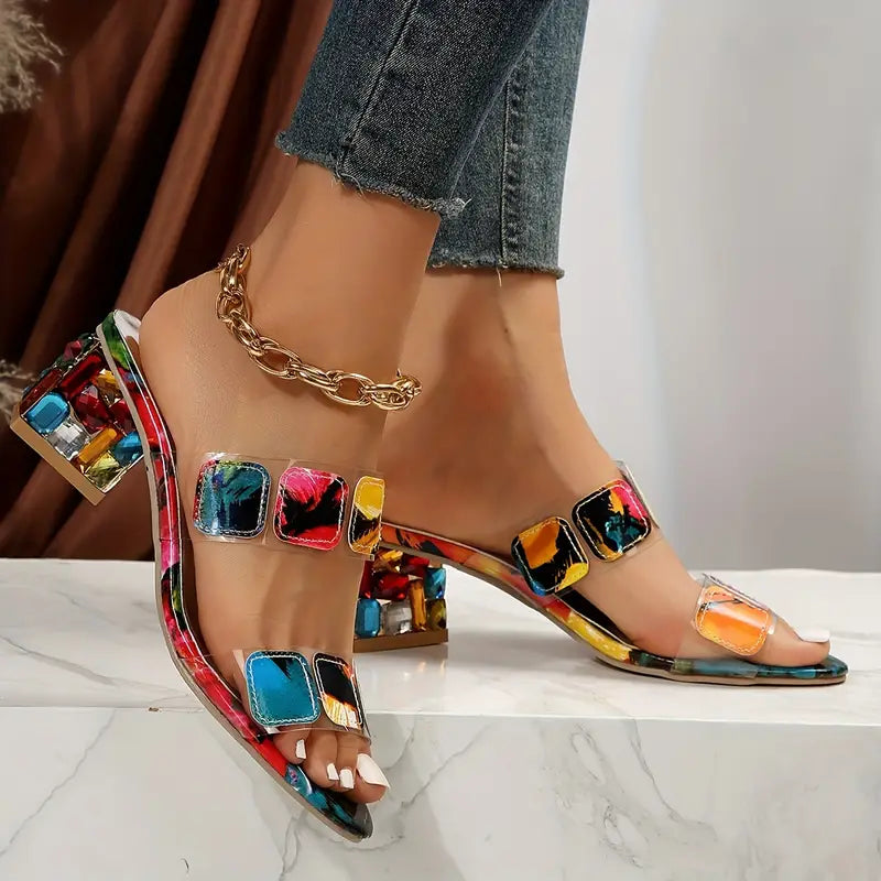 Women's Colorful Gem Block Heel Sandals - Perfect for Parties