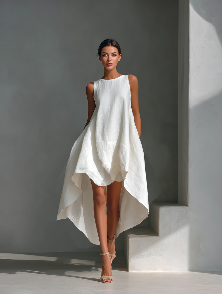 Women's Linen Sleeveless Midi Dress - Asymmetrical Hem, Breezy Style