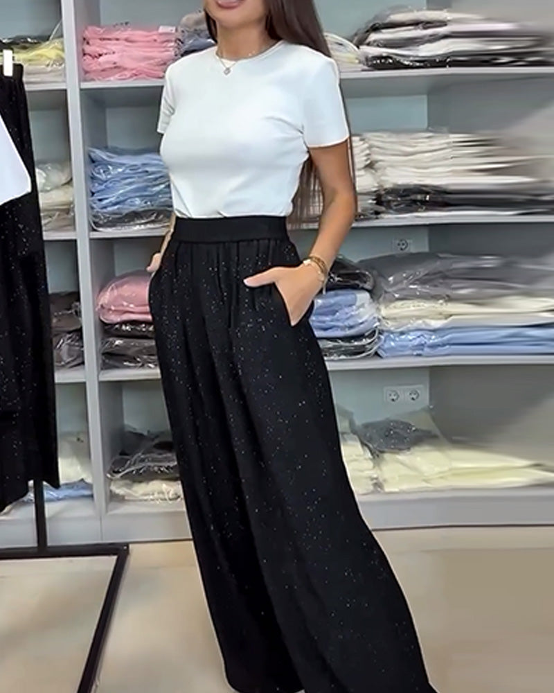 Women's Cotton Blend High Waist Sequined Wide Leg Pants