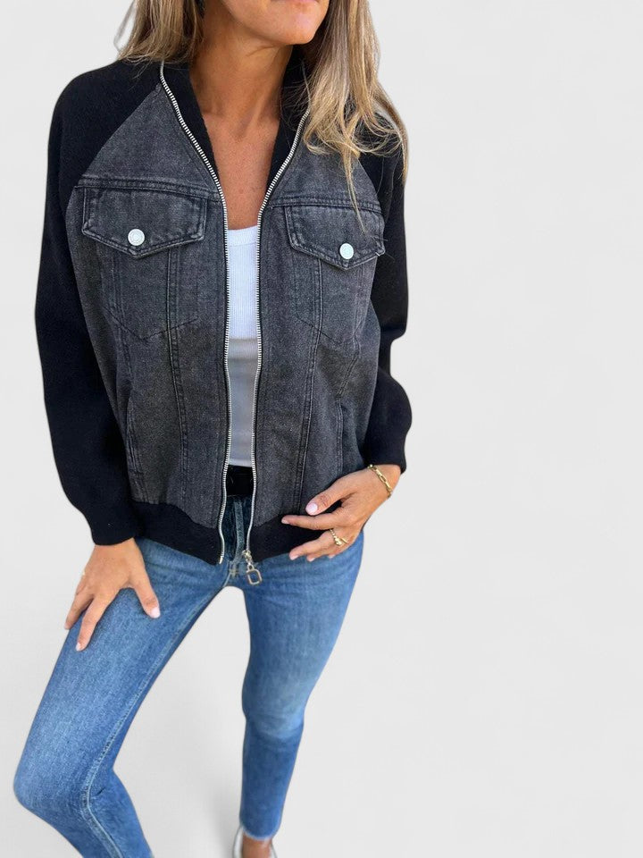 Women's Denim Jacket with Contrast Sleeves - Everyday Layering