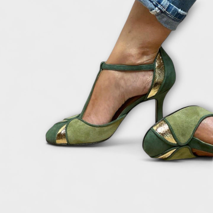 Women's Green Patchwork Heels with T-Strap - Elegant Evening Style