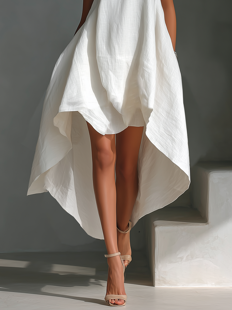 Women's Linen Sleeveless Midi Dress - Asymmetrical Hem, Breezy Style