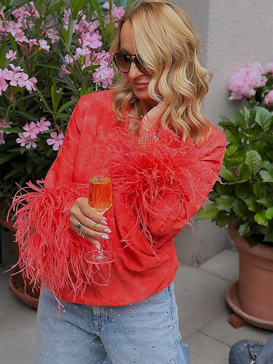 Jacquard Tassel V-Neck Top + Trousers Set