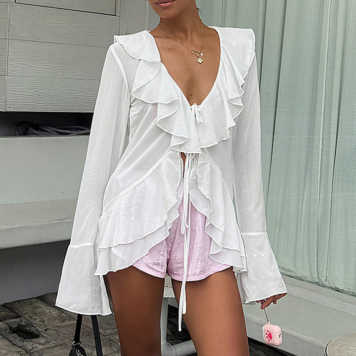 Chiffon V-Neck Flared-Sleeve Blouse