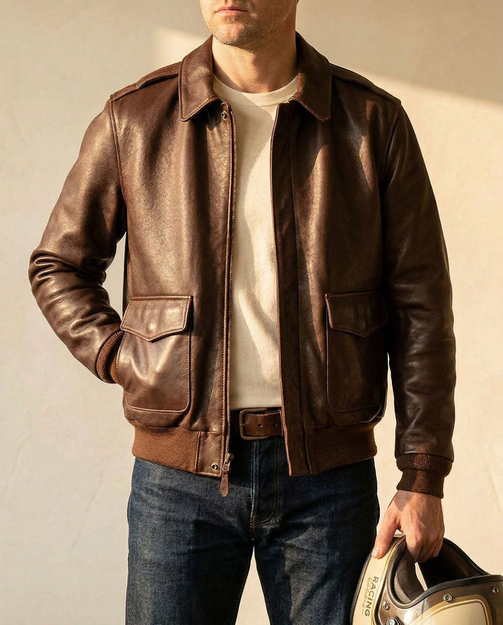 Men's Leather Aviator Jacket – Classic Biker Outerwear