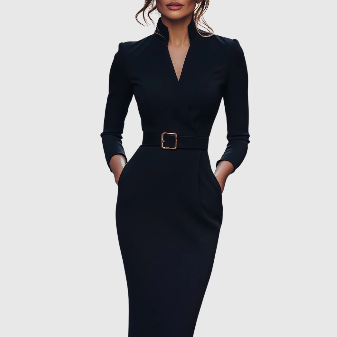 Women's Polyester Midi Dress - Mock Wrap & Belted Fit