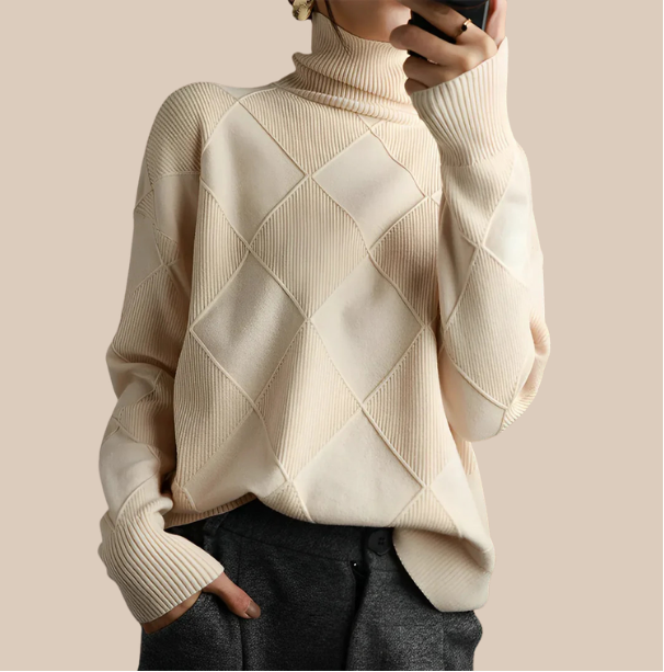 Women's Lotus Cotton Checkered Chunky Turtleneck Sweater