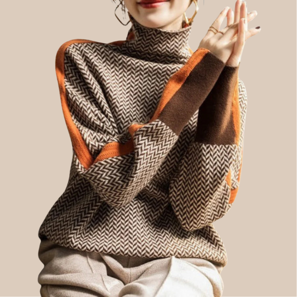 Women's Herringbone High-Neck Sweater - Bold Contrast Stripe