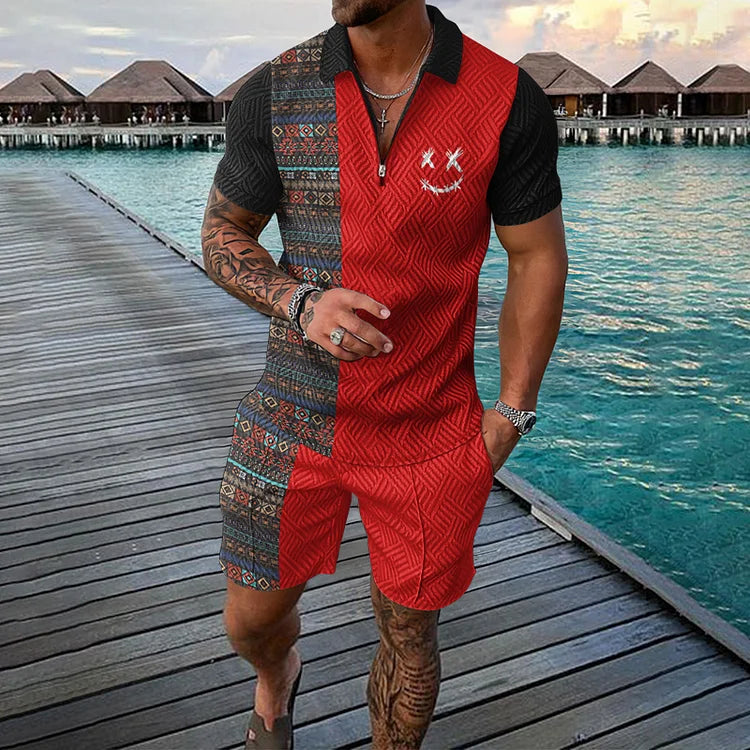 Men's Smiley Print Polo and Shorts Set - Summer Vacation Style