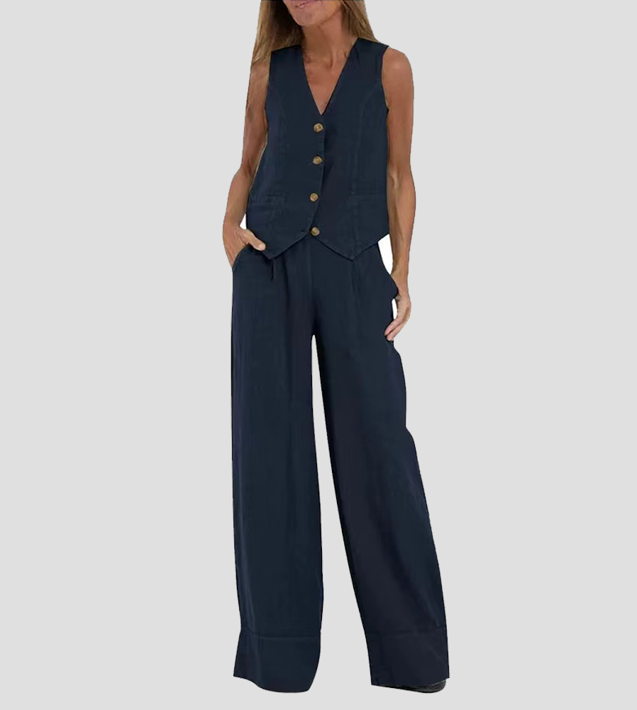 Women's Aira Buttoned Vest and Wide-Leg Trousers Set