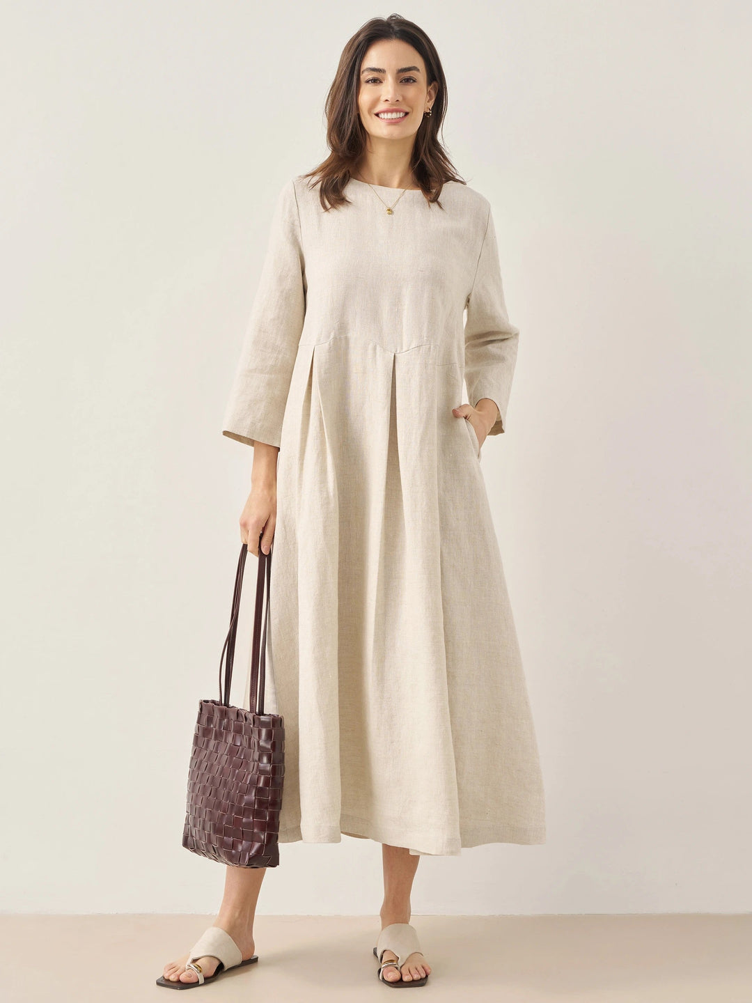 Women's 100% Linen Bateau-Neck Pleated Maxi Dress