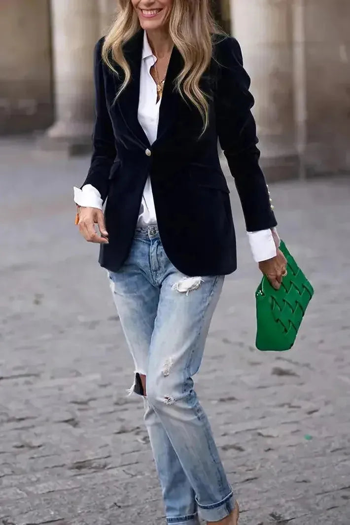 Women's Tailored Blazer with Gold Buttons - Effortless Elegance