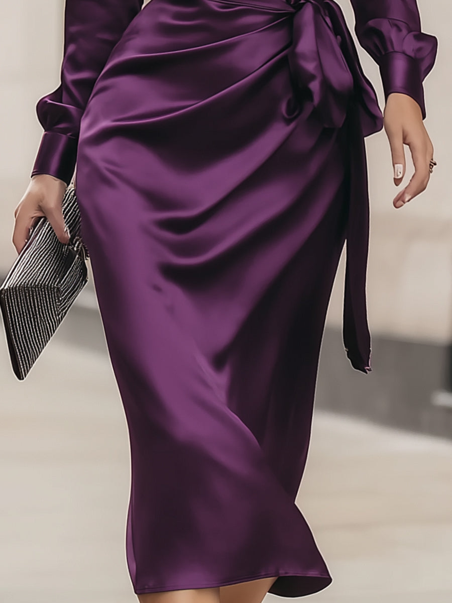 Women's Deep Plum Satin Wrap Midi Dress - Elegant Evening
