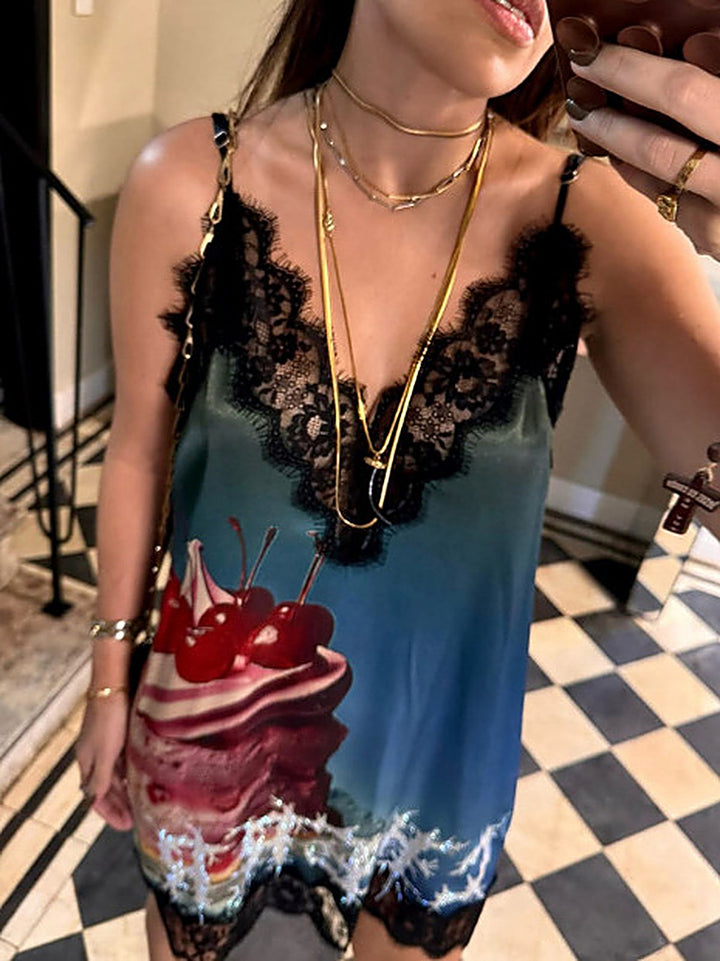 Lace-Trim Printed Cami Slip Dress