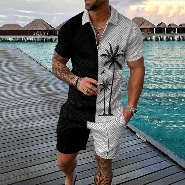 Men's Smiley Print Polo and Shorts Set - Summer Vacation Style