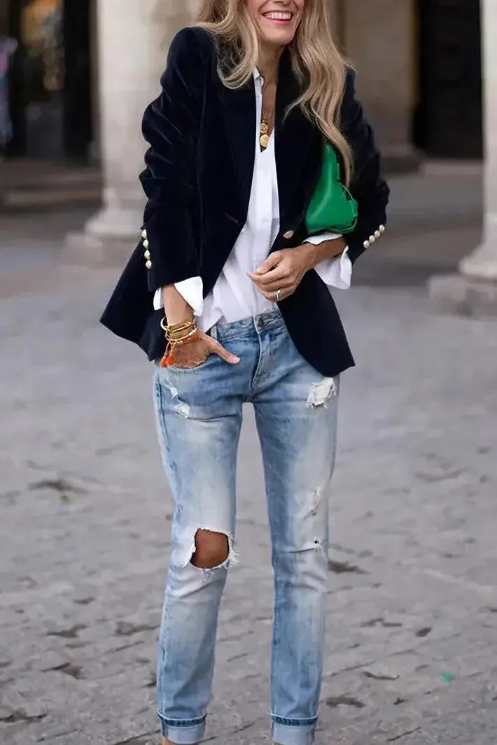 Women's Tailored Blazer with Gold Buttons - Effortless Elegance