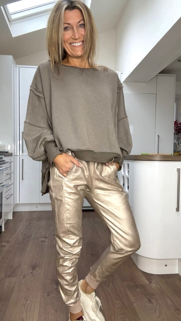 Women's Casual Round Neck Top & Faux Leather Pants Set