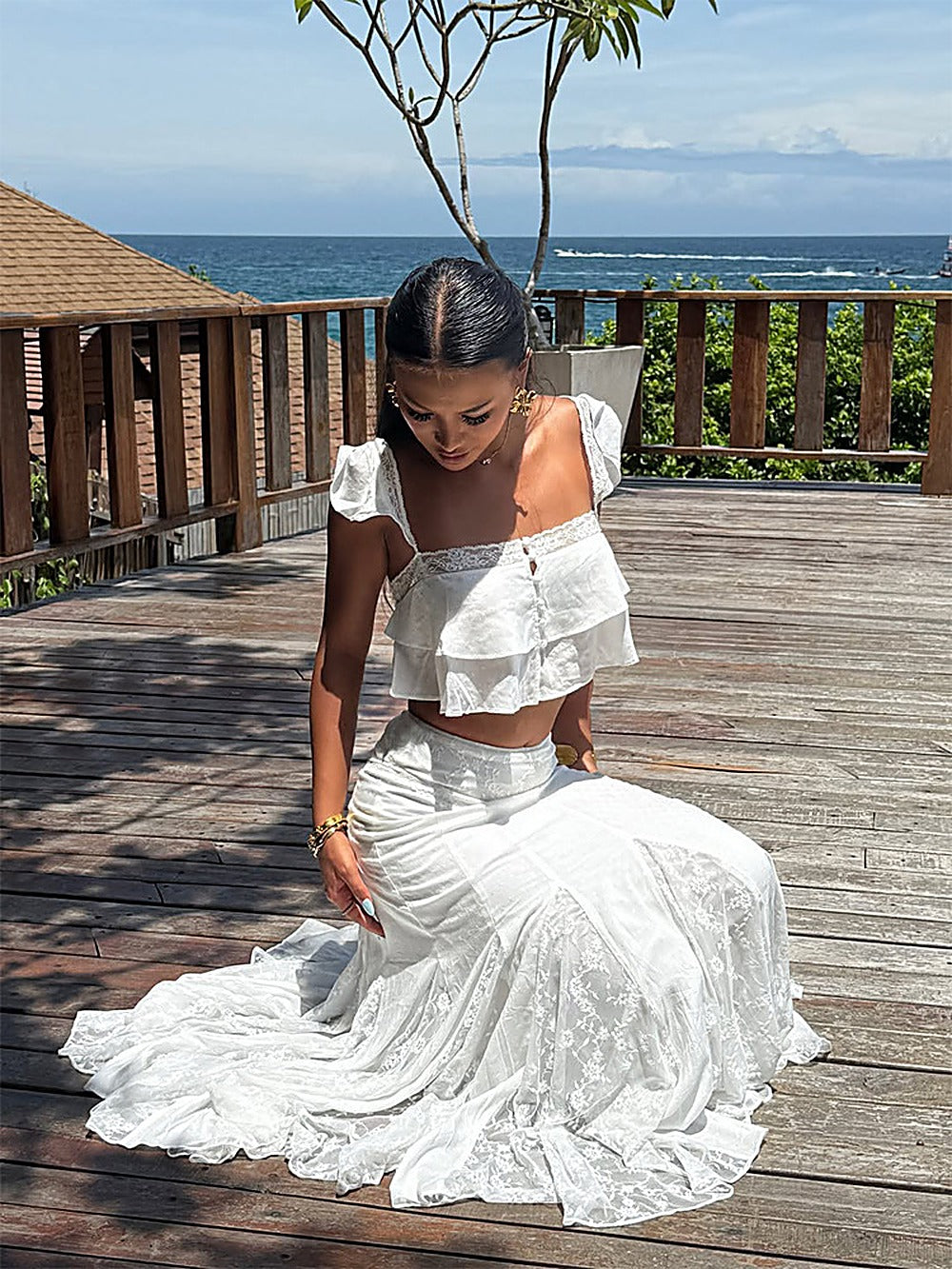 French Chic Lace Ruffle Crop Top + Midi Skirt Set