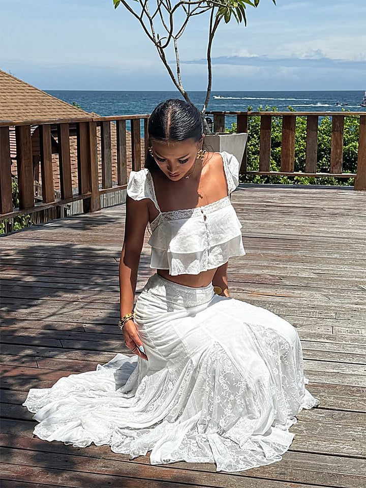 French Chic Lace Ruffle Crop Top + Midi Skirt Set